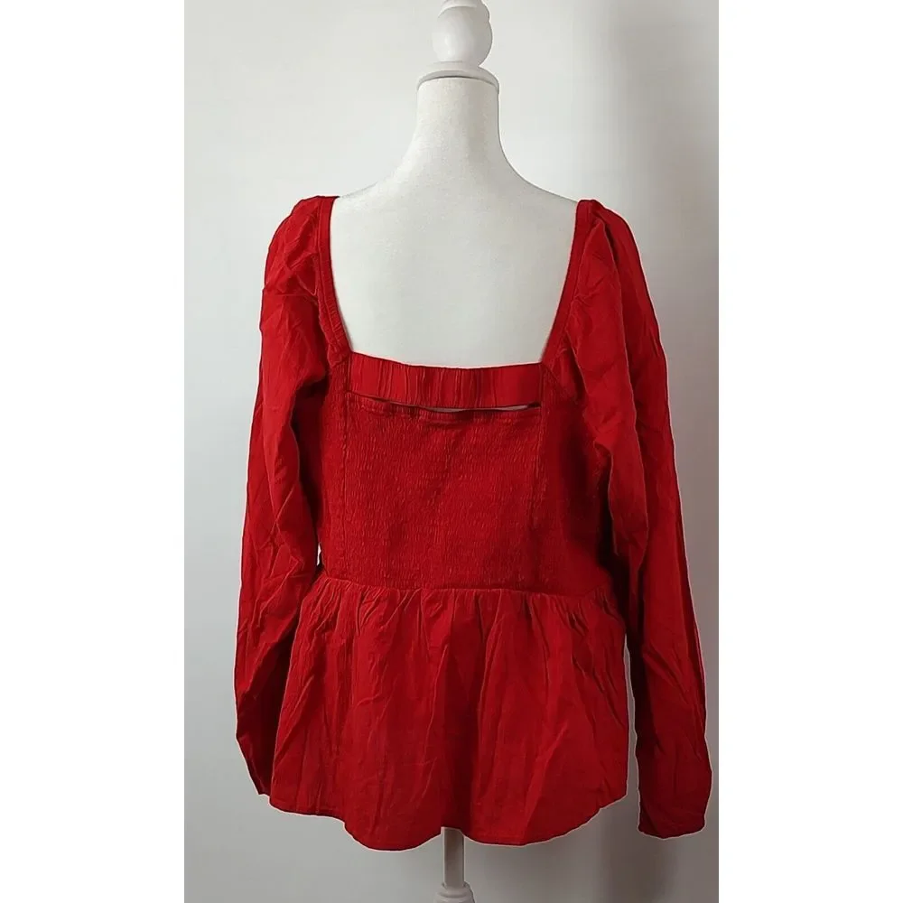 Old Navy Womens XXL Red Smocked Peplum Top Long Sleeve Square Neck Back Cutout - Picture 2 of 7
